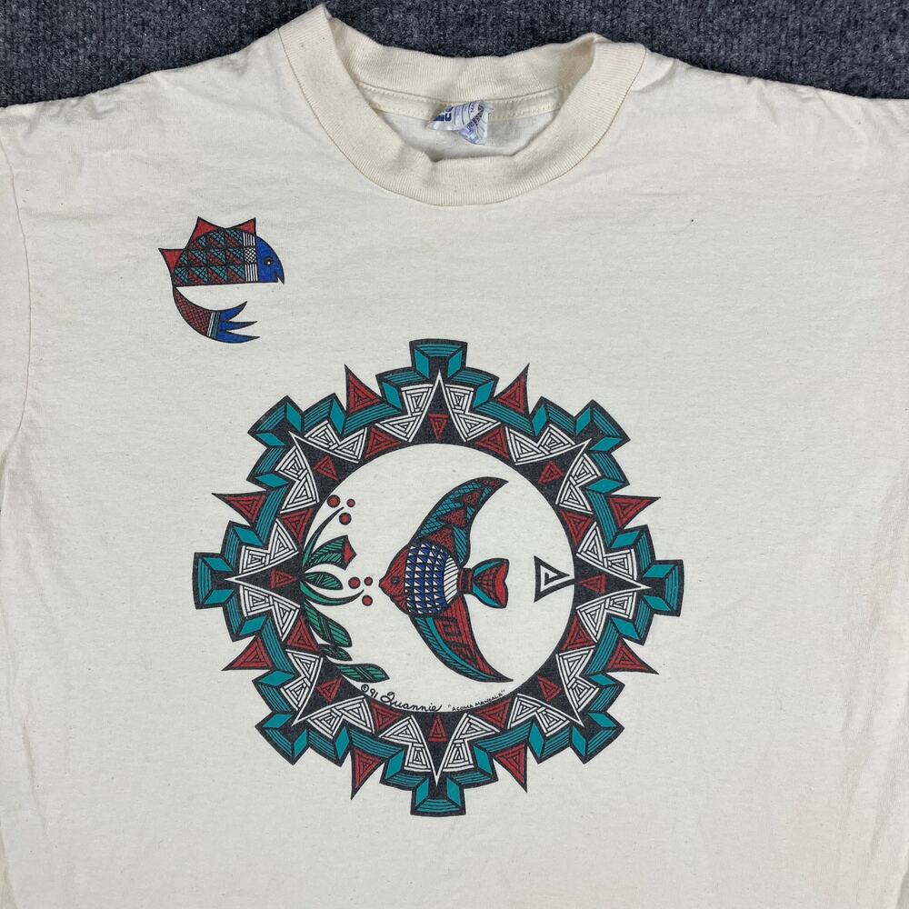 Pacific Coast T-Shirt Mens Large White Tribal Fish Graphic Native Art USA VTG